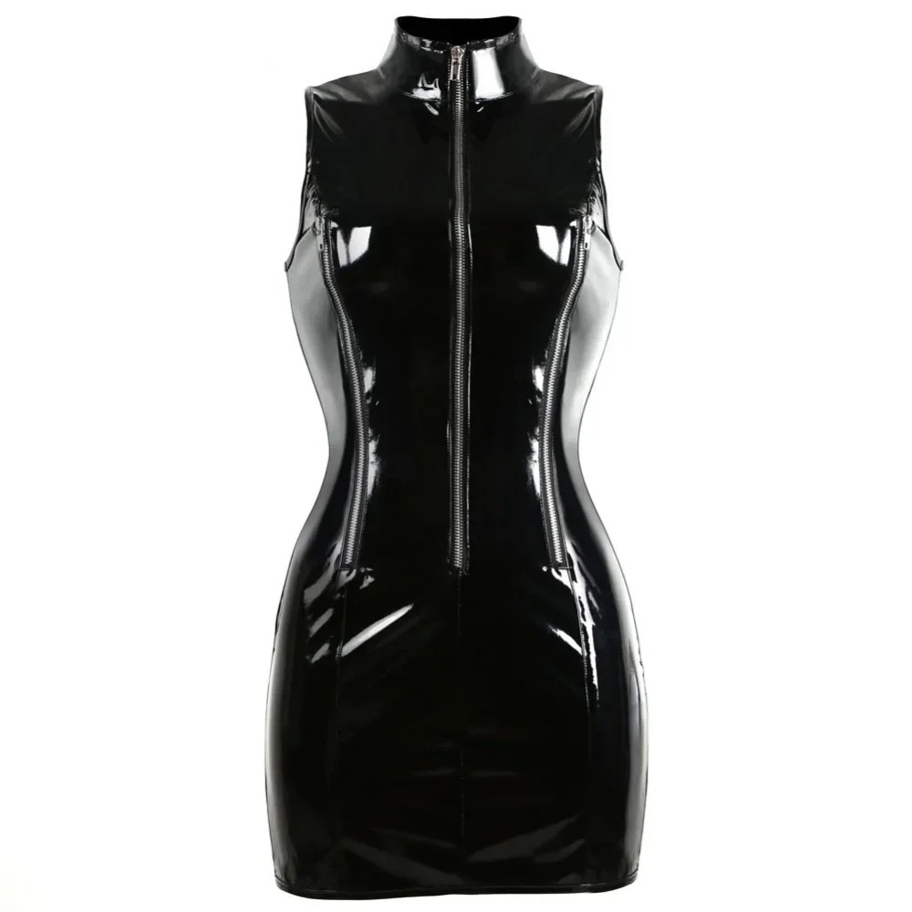 Sexy Bodycon Mini Dresses PVC Punk Zipper Sleeveless Patent Leather Latex Tank Dresses Womens Rave