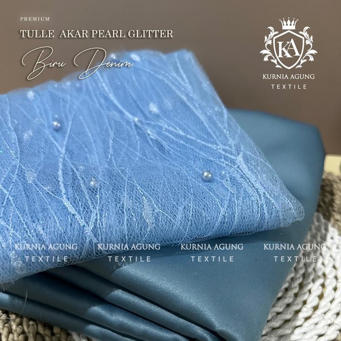 Kain Tile Akar Mutiara Glitter/Kain Brukat Tile Modern Warna Denim Biru Bahan Gamis, Dress, Kebaya