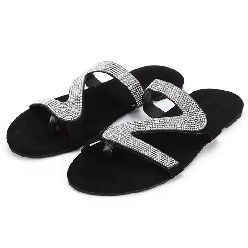 Women Sandals Summer Beah Shallow Mouth Rhinestones Ladies Fion Show omfortable Light Shoes