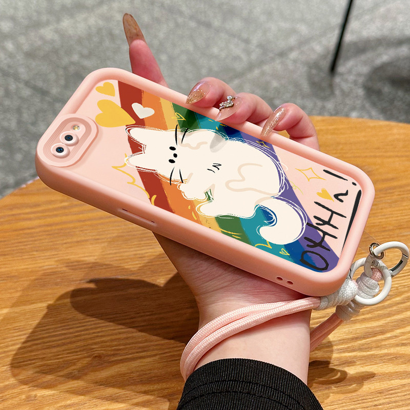 Casing Hp untuk Realme C2 C2s OPPO A1K Case Rainbow Cat Kasing Tali Gantungan Cesing Silikon Softcas