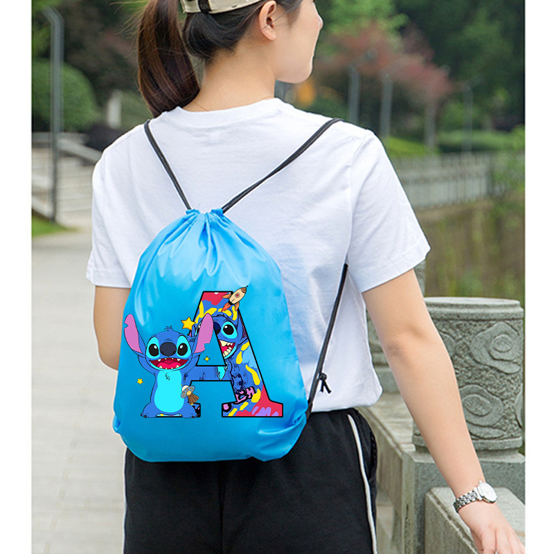 Stitch Disney Waterproof Drawstring Bag Letter A-Z Cartoon Shoes Underwear Travel Sport Bags Nylon