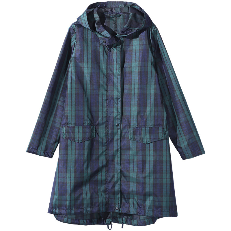 Womens Fastion Green Plaid Long Raincoat Waterproof Rain Jacket Coat Hiking Windbreaker