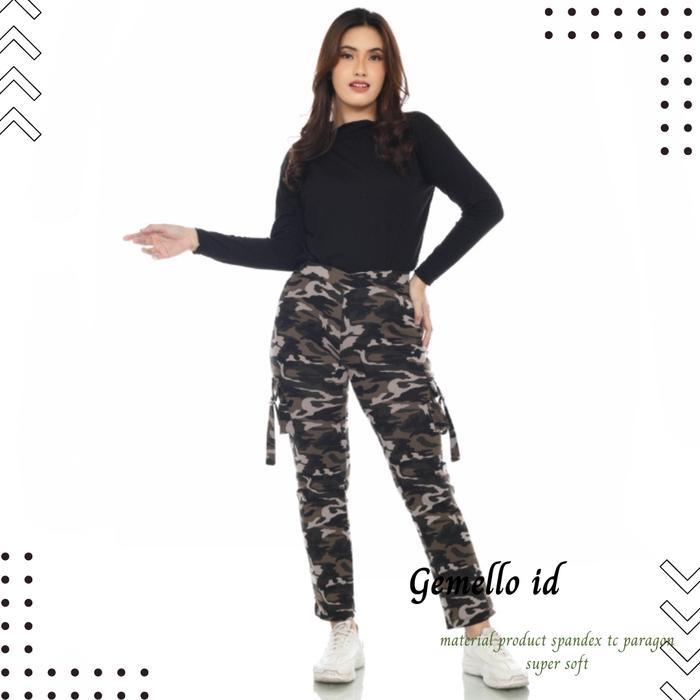 CELANA PANJANG SENAM/CELANA ROK KARGO WANITA MOTIF LORENG ARMY SPANDEX