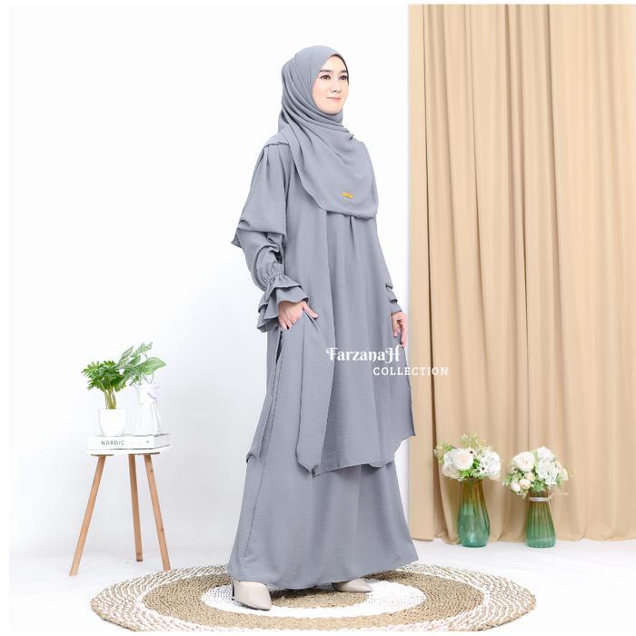 olfc- One Set Abaya Khadijah Rok+ Long Tunik + Pasmina Crinkle Airflow Setelan Wanita Malay
