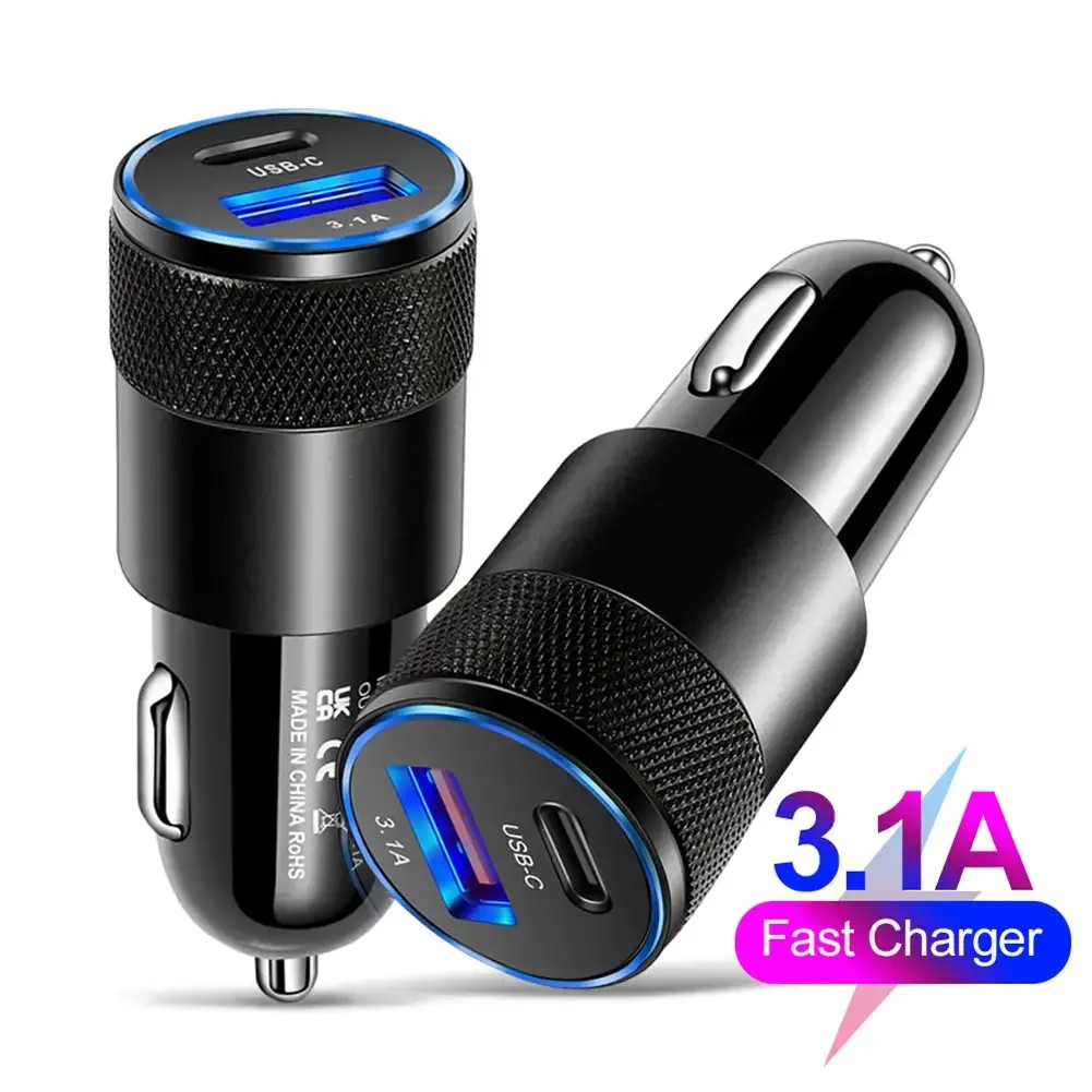Type C USB 2 Port Car Charger Phone Charger 3.1A Fast Charging 12V 15W Cigarette Lighter Adapter
