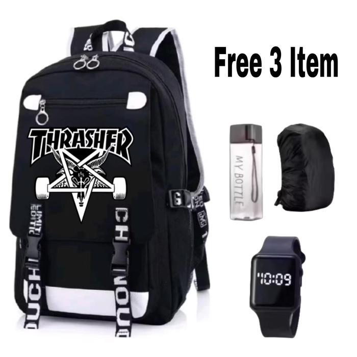 Ransel ThrasherBackpack Thrasher Tas Ransel Skateboard Hitam untuk Anak Muda dengan Bonus 3 Item Thr