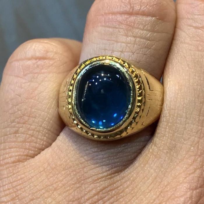 Cincin Batu Blue Topaz london kualitas terbaik ikatan hitam/kuning super elegan