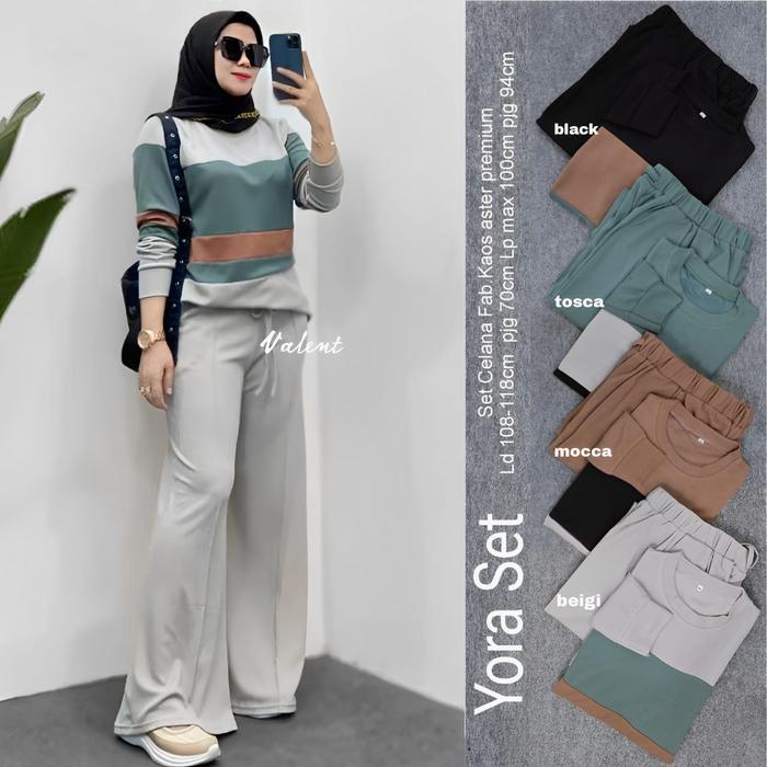 DISKON Setelan Wanita Yora Set Bahan Kaos Aster Size XL LD 108-118 One Set Celana Terbaru Valent