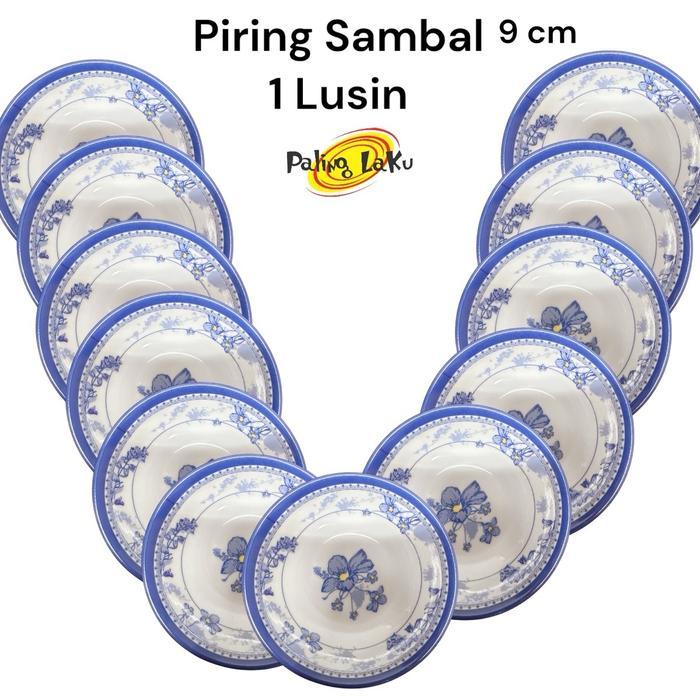 1 lusin PIRING SAMBAL / SAUS MELAMIN MOTIF KEMBANG BIRU CTUONG