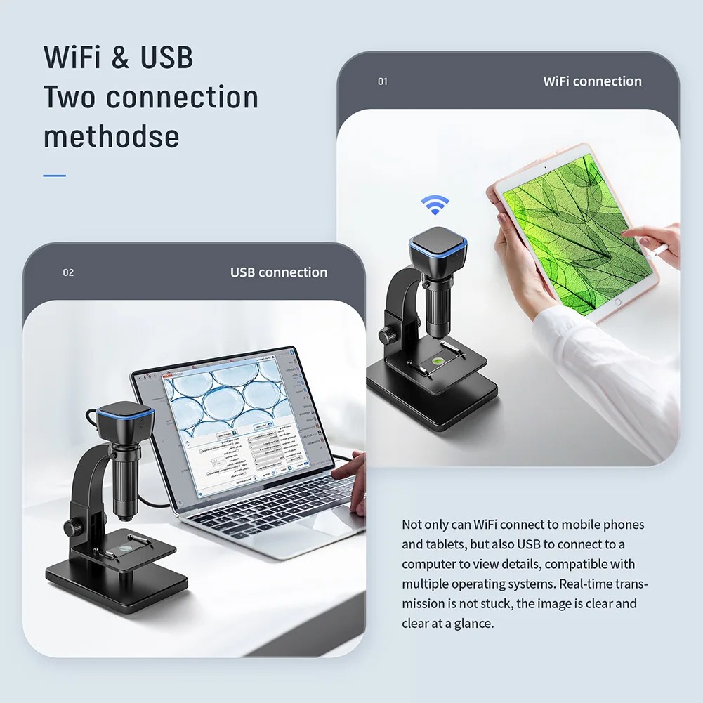 Wifi Digital Microscope Dual Lens 2000X Magnification 4K 2MP HD Biological Microscope with 11 LED
