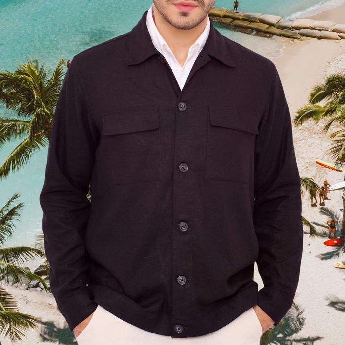 REMEDY Jaket Kemeja Outer Linen Pria Warna Hitam - Elbrus Linen Shirt Jacket