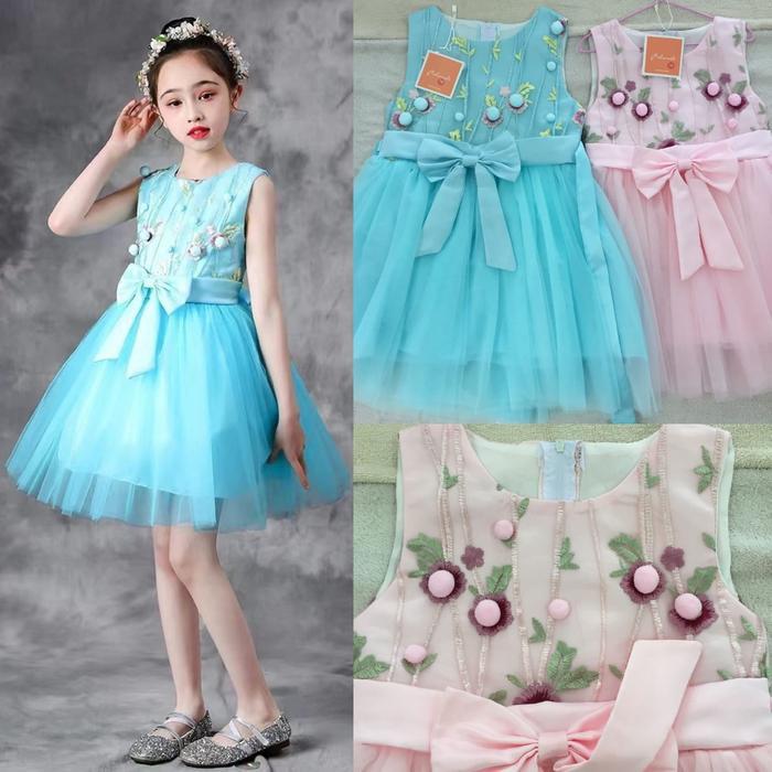 Dress Pesta Anak Remaja 4-12Th Pink Tosca Biru Import Gaun Mewah Bordir Pom Bunga Pita Impor
