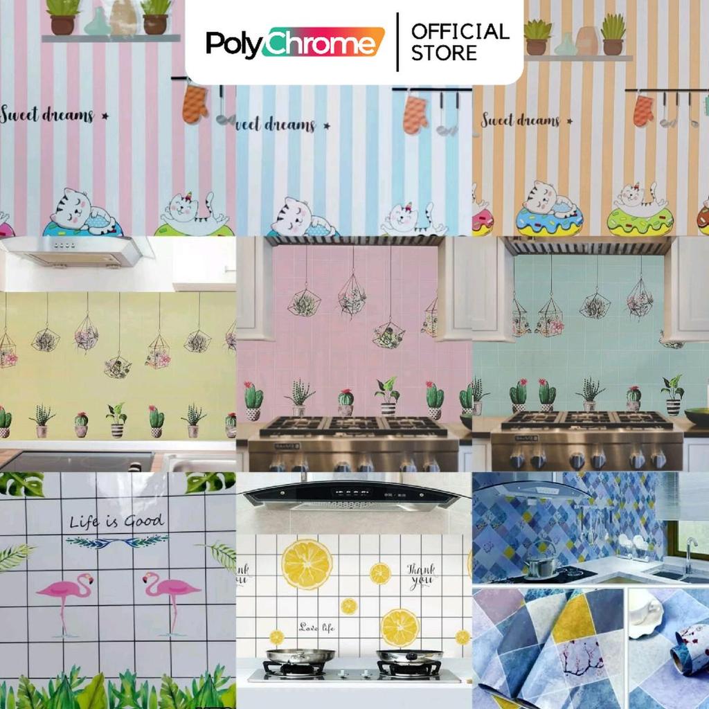 [10 Motif] Wallpaper Glossy Stiker Dinding Anti Minyak Anti Panas 5 m x 60 cm Garis Biru Pink Orange