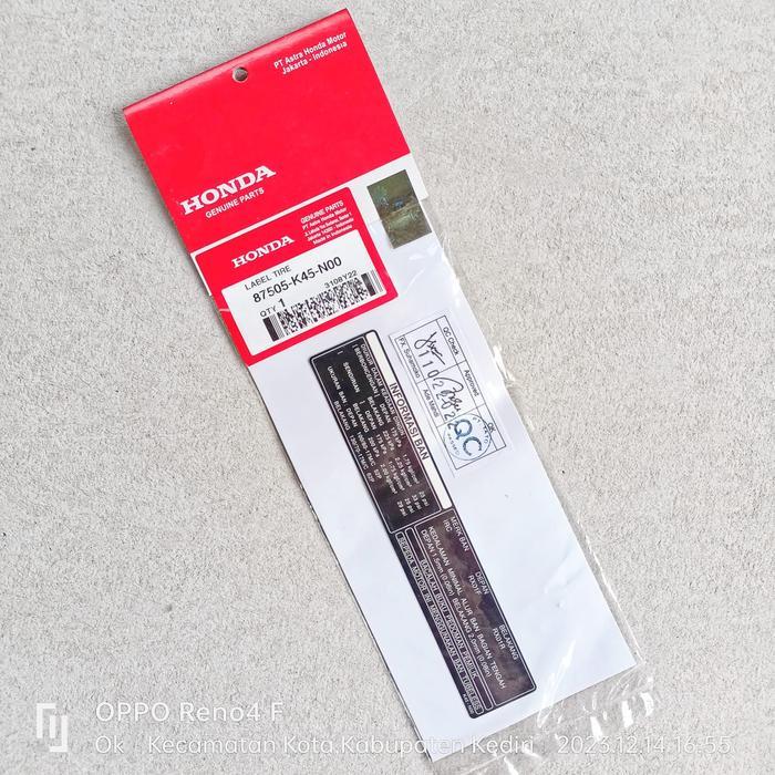 STICKER LABEL TIRE - STIKER INFORMASI BAN HONDA CB150-R CBR-150 ORI AHM 87505-K45-N00