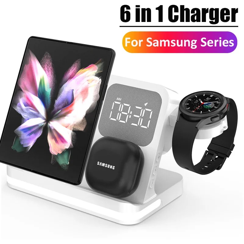 6 In 1 Wireless Charger Stand Clock For Samsung S23 S22 Fold 5 4 Galaxy Watch 7 6 5 4 Active 2/1