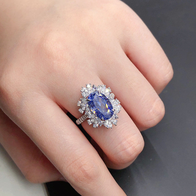 Luxury Solid Platinum PT950 Women's Blue 4 karat Oval Diamond Ring