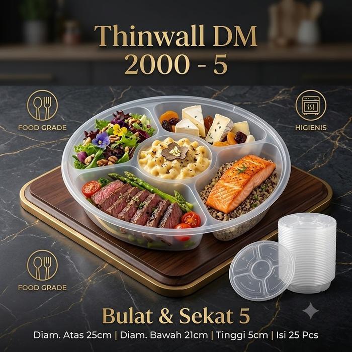 Thinwall Dm 2000Ml Sekat 5 Partisi (Mangkok Bulat) / Thinwall Bento / Kotak Bento Partisi / Food