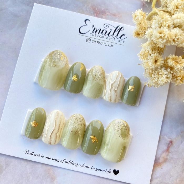 KJ Press on nails sage green handmade nail art