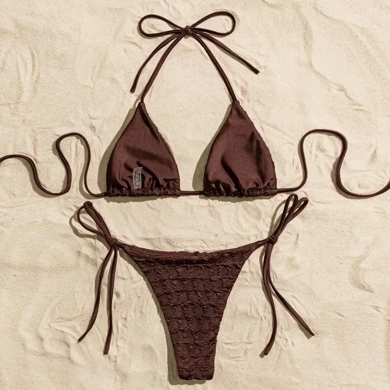 Women's Solid Brown Micro Bikini Set String Halter Triangle Thong Sexy Wrinkled Swimsuit Bathing