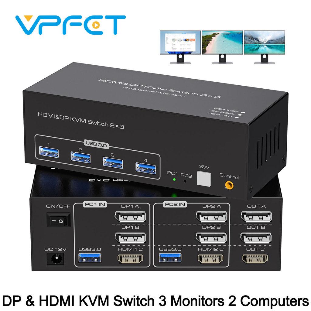 8K HDMI DP KVM Switch 3 Monitors 2 Computers DP 1.4 8K@60Hz 4K@120Hz Display Port for 2 PC Share 3