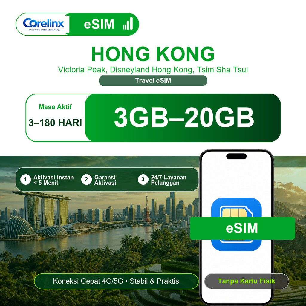 eSIM Hong Kong 3GB-20GB 3-180 Hari Travel eSIM Data Internet Roaming 4G/5G QR Instan Langsung Aktif 