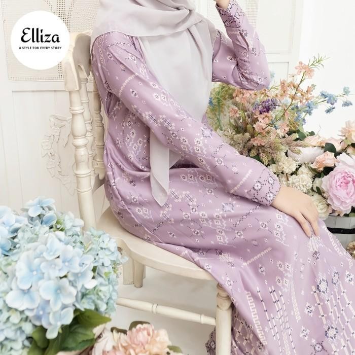 (Good) Elliza Official - Aghnia Dress Gamis Silk Print Blue Lilac Busui S-XL