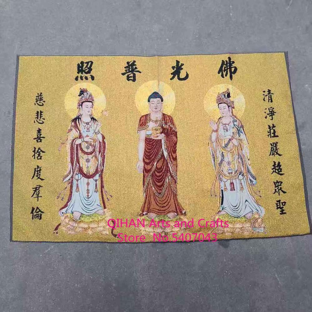 Religious embroidery Buddha Thangka antique western three saints gold embroidery Buddha light