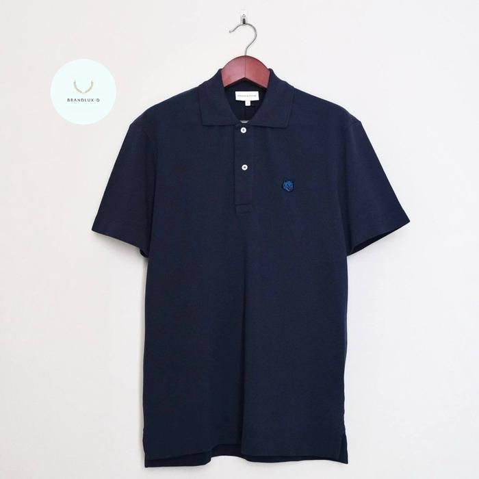 Maison Kitsune Polo Shirt Bold Fox Patch Short Sleeve in Ink Blue & Lake Blue