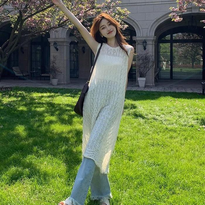 ttir- Desain Gaun Rompi Rajutan Blus Berlapis Khusus Dengan Rok Panjang Belahan Belakang Rok