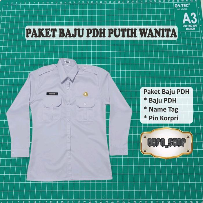 Paket Baju PDH Wanita (Baju PDH Wanita, Nametag & pin korpri) Panjang Putih