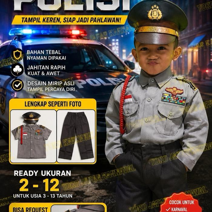 Baju Kostum Anak Profesi Polisi Paud-Tk-Sd Baju Polisi Cilik Baju Polisi Anak Baju Karnaval Polisi