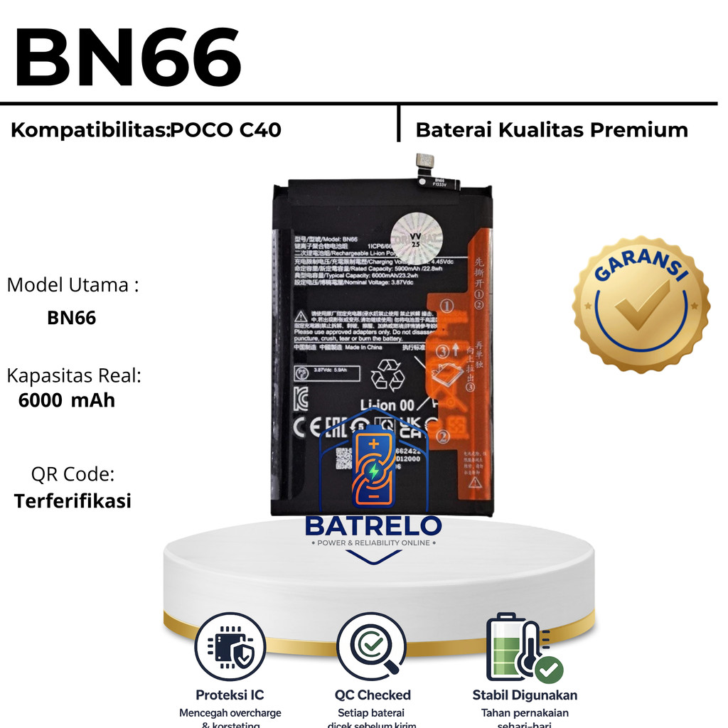 BATRELO Batre Untuk Hp POCO C40 BN66 6000 mAh Bergaransi 6 Bulan
