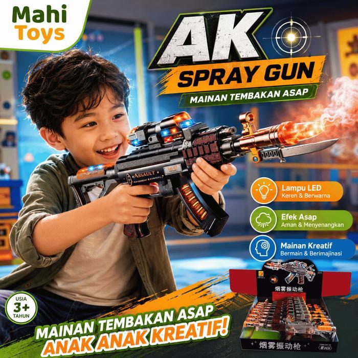 Original MahiToys - Mainan Anak Tembakan Suara Lampu, dan Asap Keren Spray Gun AK Asap dan Lampu