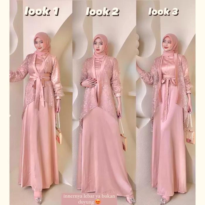 Fuji Dress satu Set Inner Outer Kimono Muslim Wanita Pesta Kondangan Bridesmaid Wisuda Brokat Tile