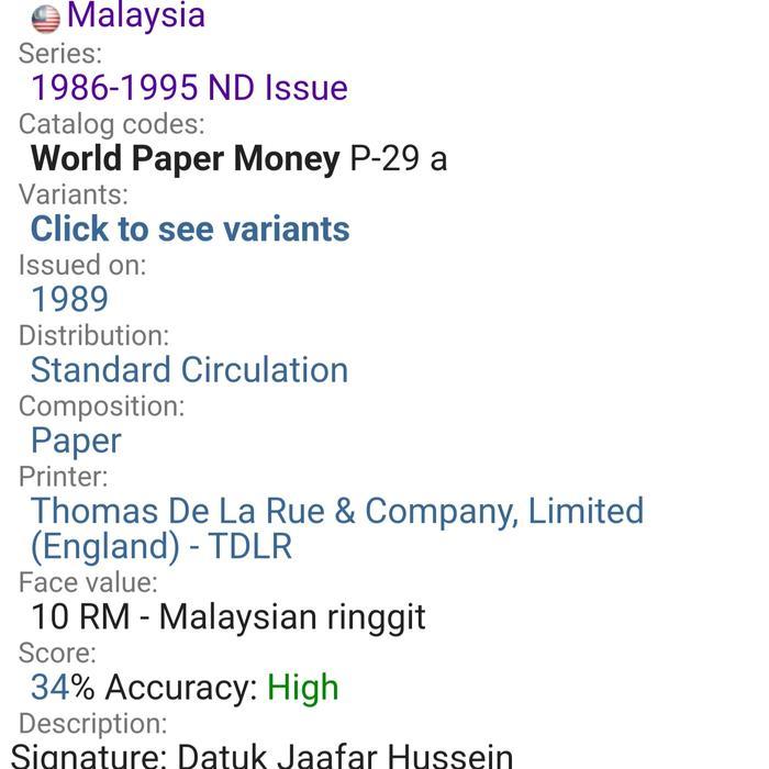 Diskon Uang Kuno Malaysia 10 Ringgit Th 1989 Original