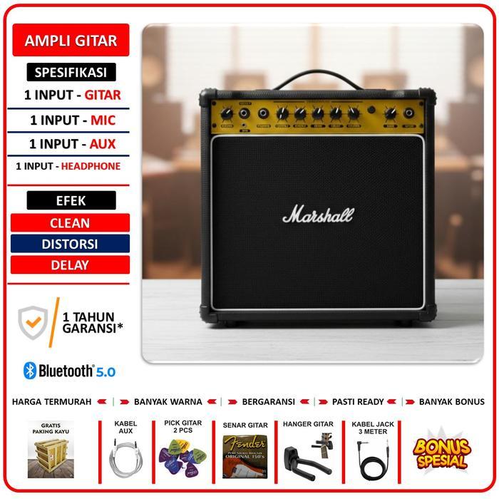 READY Ampli Gitar & Bass Marshall 3 Input Bluetooth Ada Efek Distorsi & Efek Delay