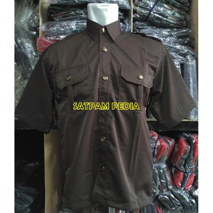 Seragam Safari Pendek Satpam Coklat Kancing Emas - Safari Satpam