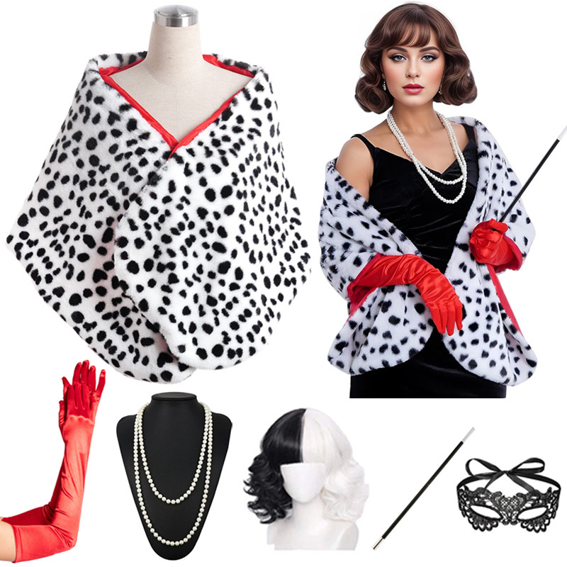 Women'S Cruella Deville Costume Dalmatian Print Shawl Scarf Stole Black White Halloween Outfit For