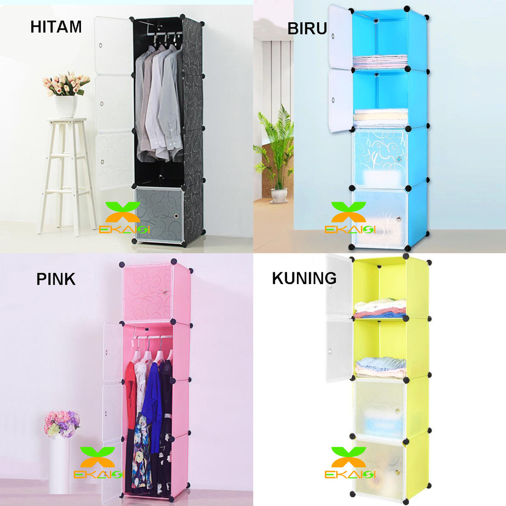 Lemari plastik lemari pakaian rak serbaguna susun lemari baju 4 pintu+1 gantungan