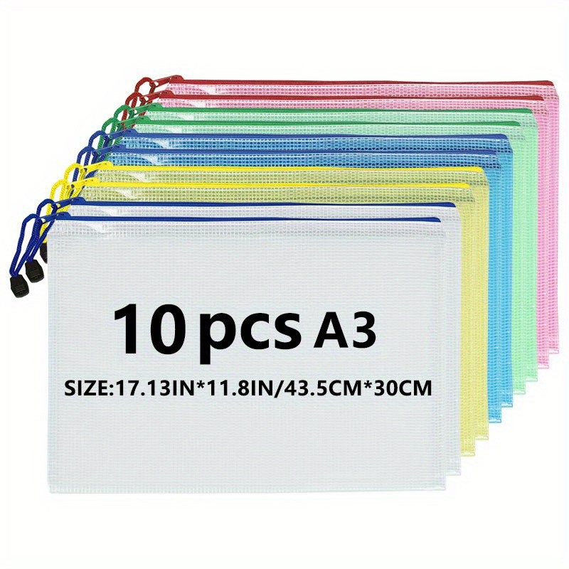 10pcs A3 Mixed Color, Student Supplies, Plastic, Folder Bag, Zip Folder, Mesh Zip Bag, Suitable For