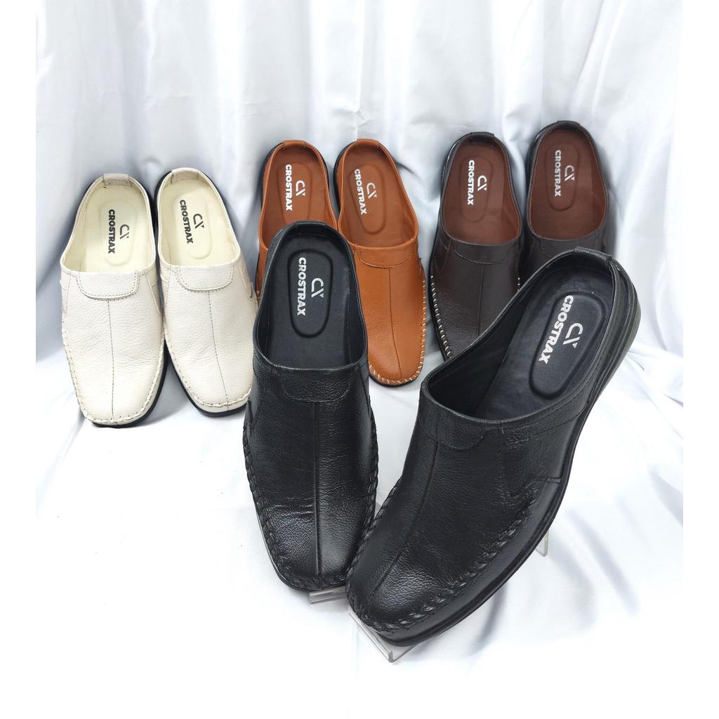 Sandal Bustong Crostrax Kulit Asli Sol Karet Warna Hitam Cokelat Tan Putih / sandal Selop / sandal S