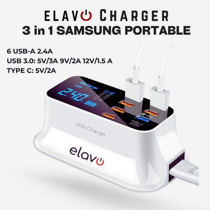 Ada Stok ELAVO 8 IN 1 FAST Charging LED Digital USB Type C Port Smart Charger 40W 8A 8 Port Desktop