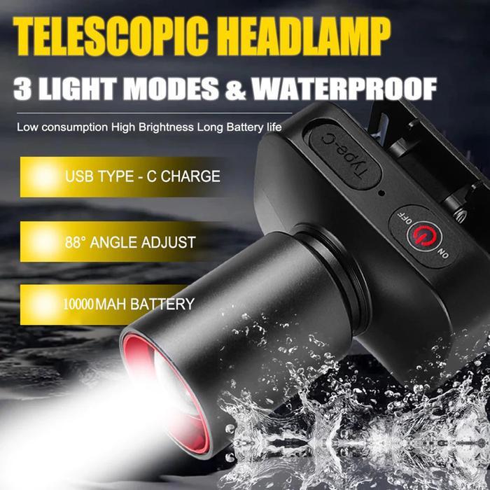 Premium Moment Mart Headlamp 1000Lumen Usb Recharge Fokus & Penyebaran Zoom 10000Mah Senter Kepala