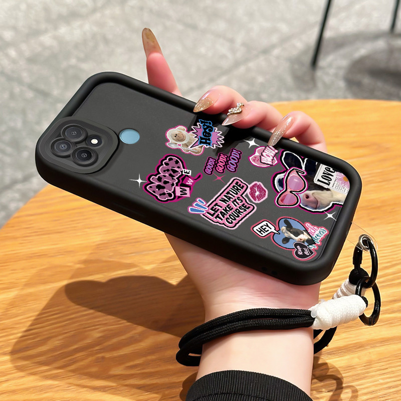Casing Hp untuk OPPO A15 A15s A35 4G Case Casing pola sapi perah merah muda Kesing Tianyan Gantungan