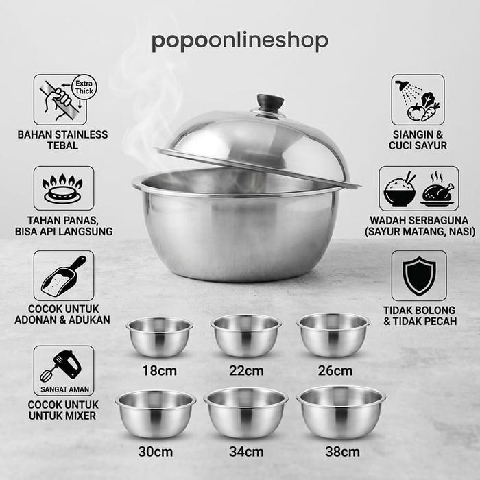 Baskom Korea Stainless Mangkok Jumbo Mixing Bowl Adonan Kue Lauk