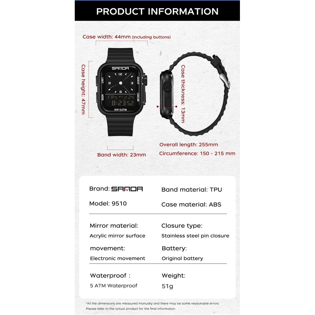 SANDA 9510 New Men's Sports Fion Electronic Watch Multi functional Alarm Clock Countdown Night Light
