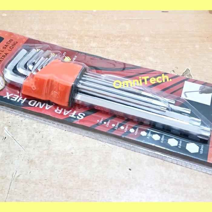 Kunci L Set 9 Pcs Kombinasi Hexagon Hex & Bintang Lubang 1,5 - 10 Mm T10 - T50