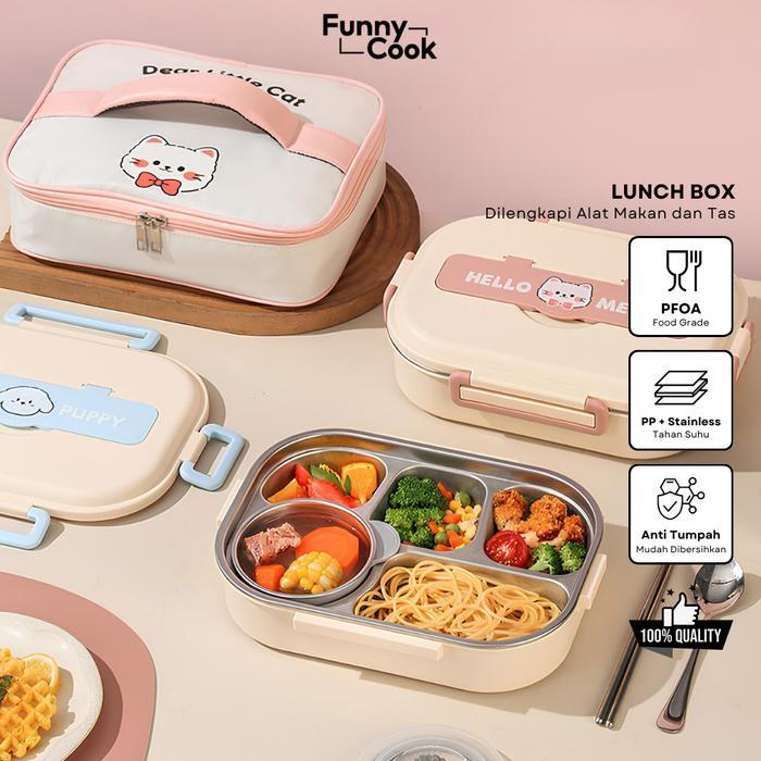 [PINK] FREE TAS Lunch box kotak makan Set stainless 304 sekat 4/5 1500ml anti tumpah sendok garpu