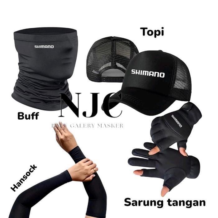 4 IN 1 PAKET HEMAT MANCING (SHIMANO) SARUNG TANGAN 2 JARI BUNTUNG+BAFF+MANSET+TOPI JARING