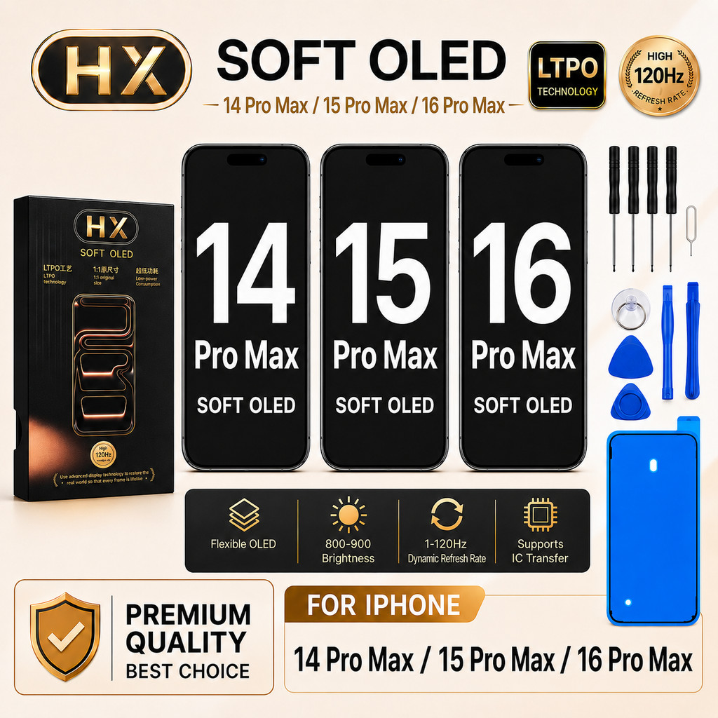HX Soft OLED Display For 14 15 16 Pro Max 1-120Hz Refresh LTPO Screen Assembly Touch Digitizer IC